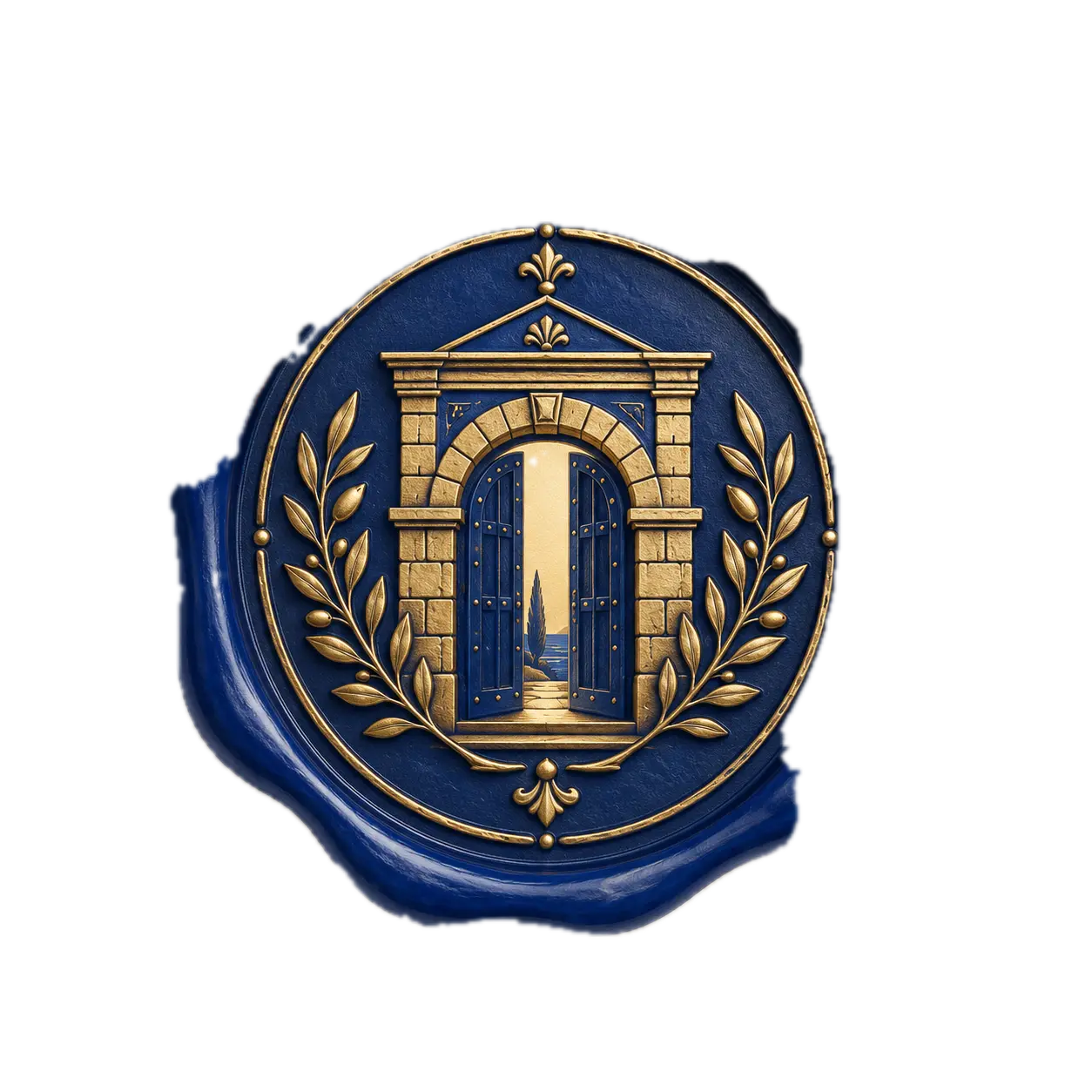 Blue wax seal with stone gate crest and olive wreath