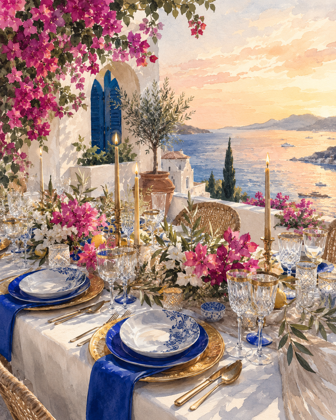 Mediterranean dinner table with crystal glasses and sunset sea view