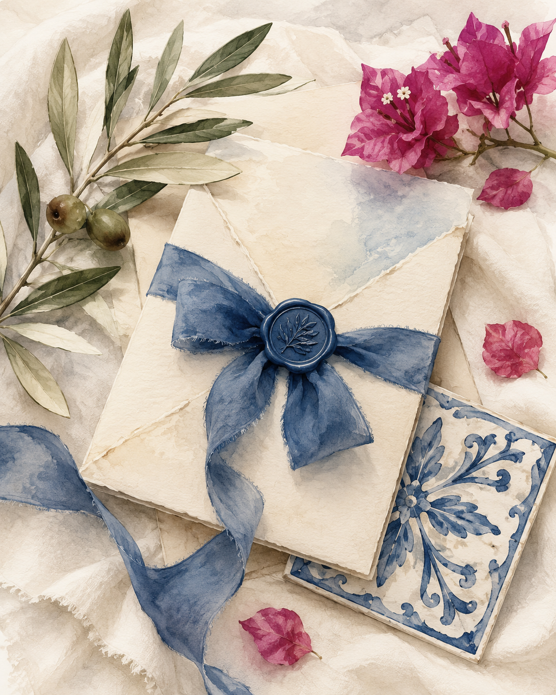 Watercolor invitation with blue silk ribbon and olive branch