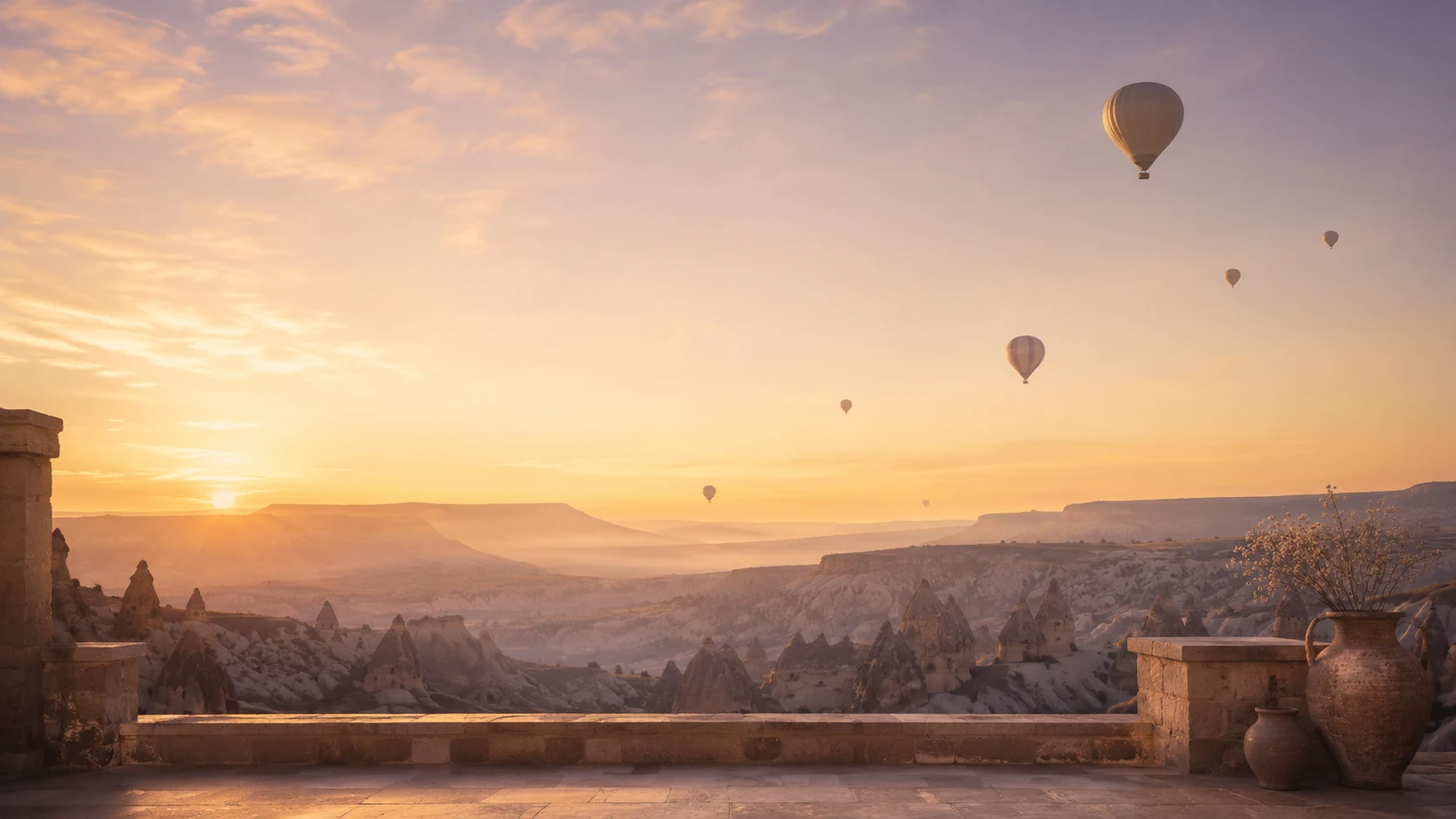 Kapadokya kaya terasından gün doğumu ve balonlar
