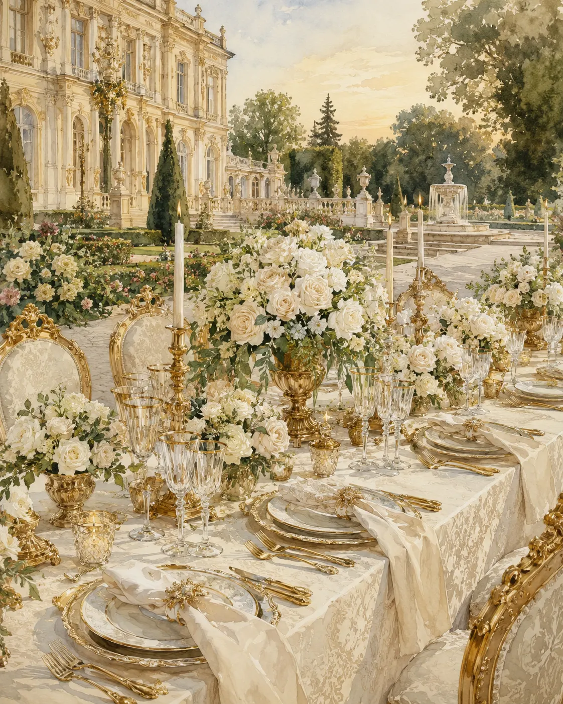 Garden banquet table with white roses and palace backdrop