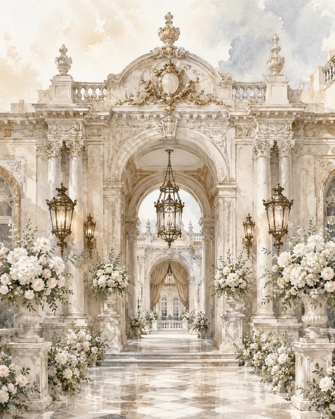 Watercolor baroque palace entrance gate with golden lanterns