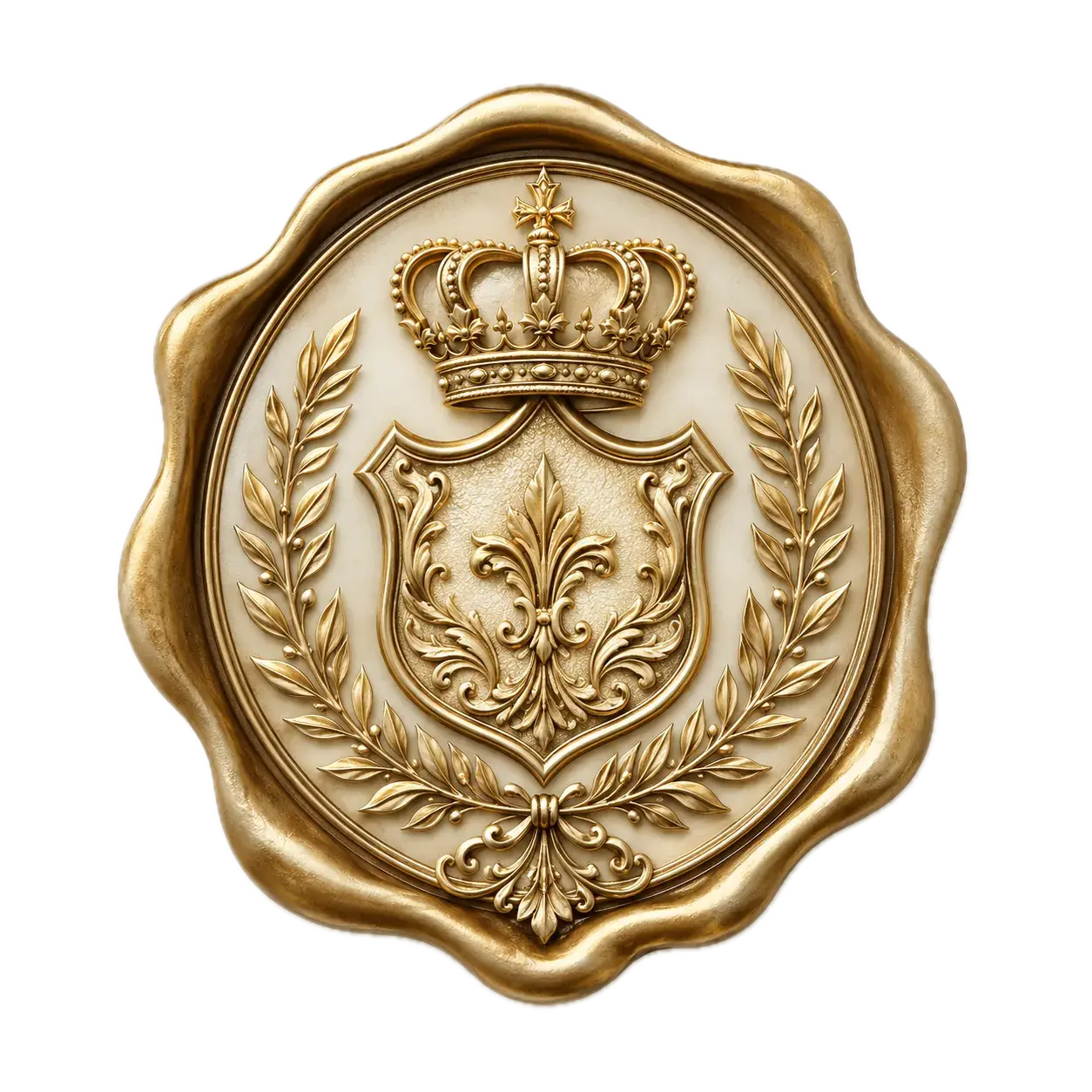 Gold royal wax seal with crown and shield crest