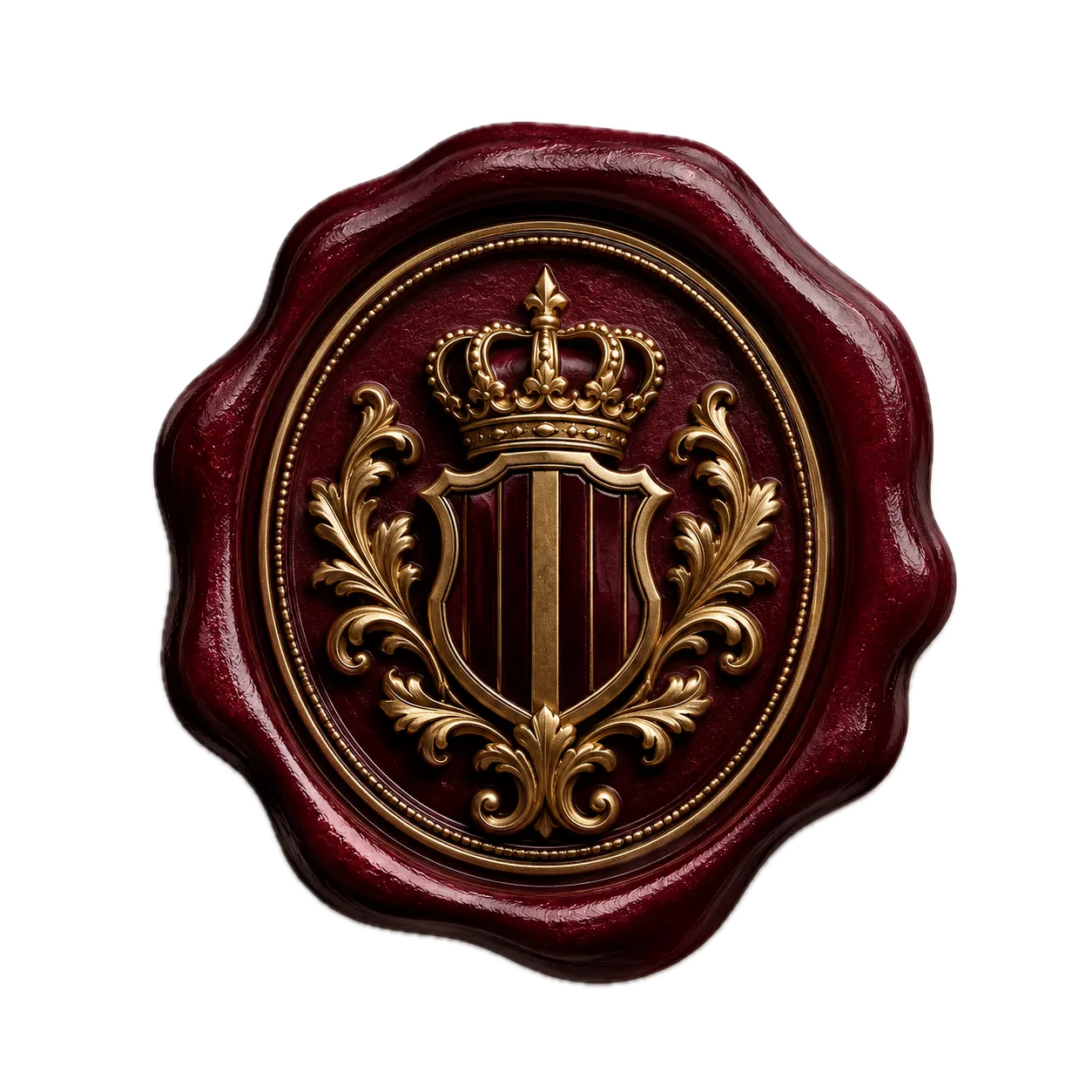 Burgundy wax seal with crown and gold crest