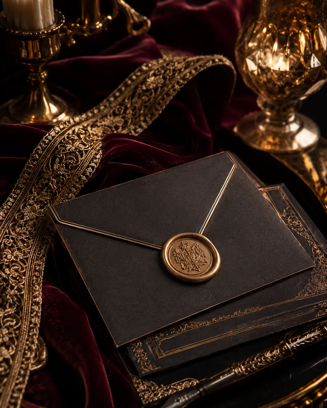 Dark envelope with gold wax seal on burgundy velvet
