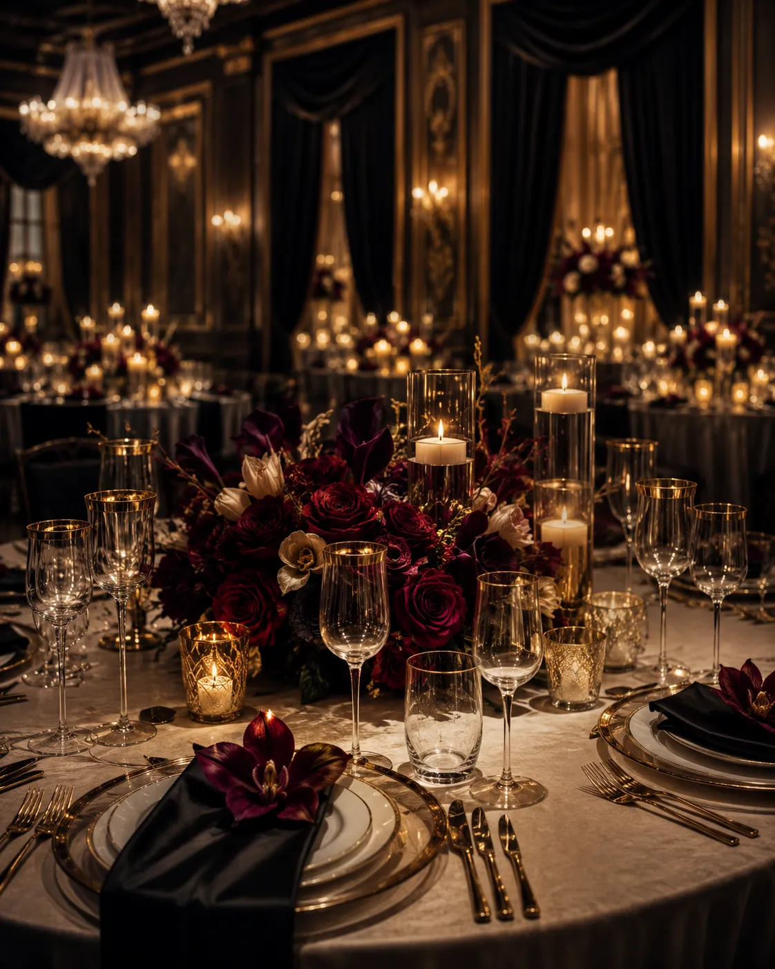 Gala dinner table with red roses, crystal glasses and candlelight